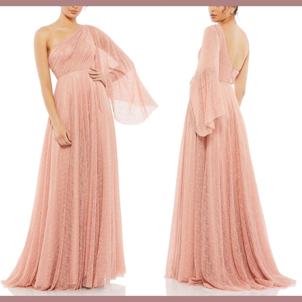 NWT $598 Mac Duggal [ 10 ] Lace One Shoulder Illusion Sleeve A line Gown‎ #S1019